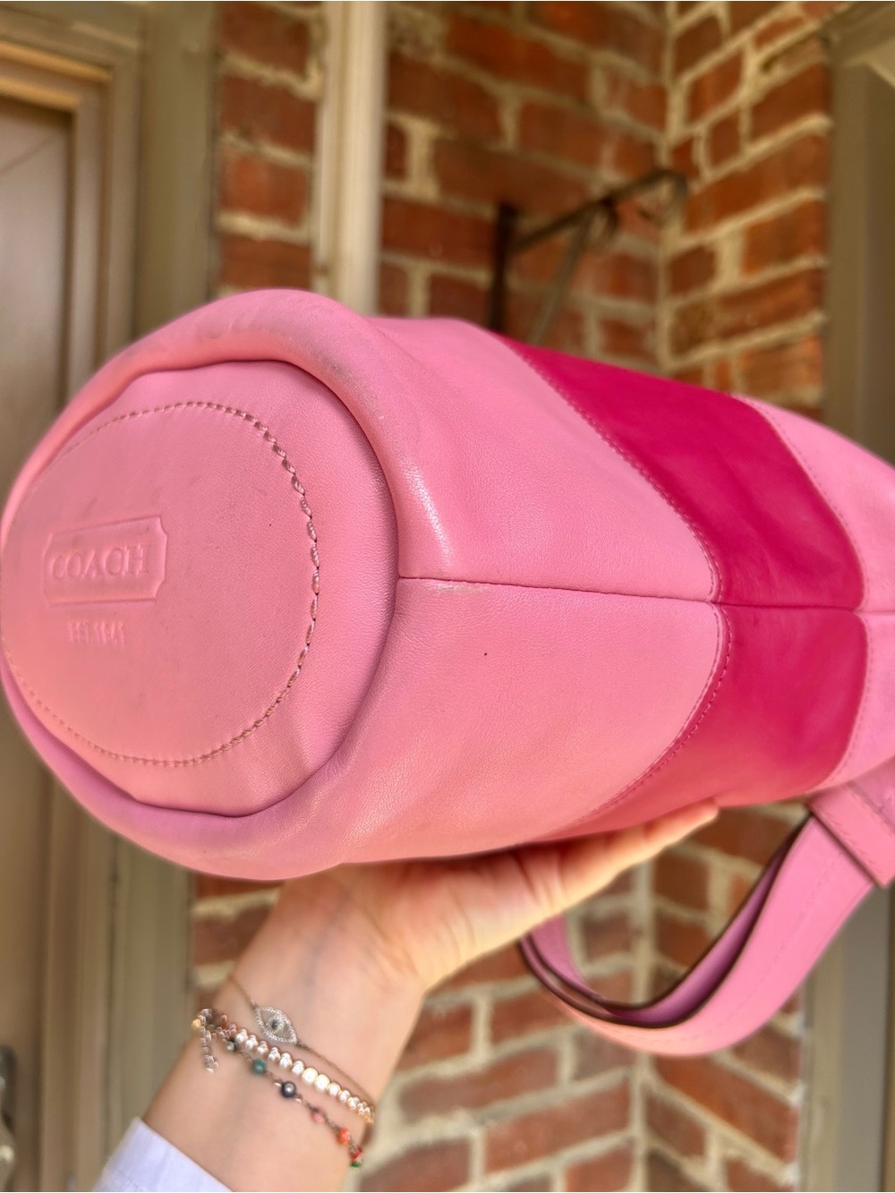 Vintage coach rugby duffel sac style F13357 pink striped leather y2k retro purse - Picture 6 of 14